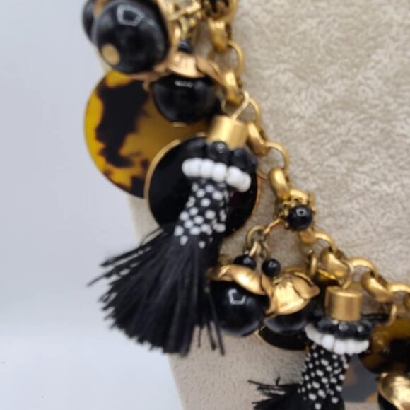 J Crew Black Tassel Gold Tone Disk Tortoise Charm Link Necklace - Picture 3 of 11